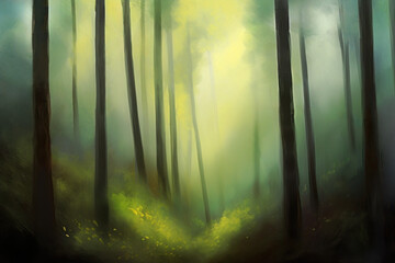 Tree trunks in foggy forest. Secret forest lit by the sunlight. Ethereal painting.