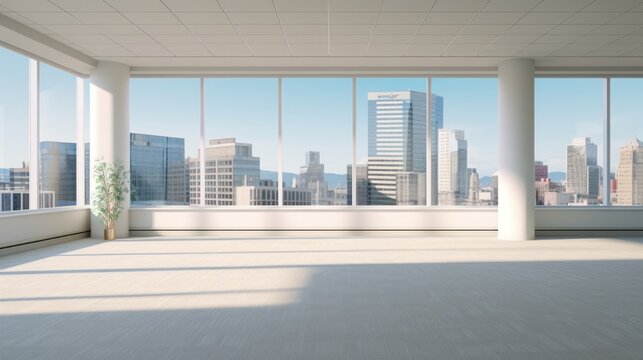 Empty Room with Stunning Arlington Skyline View through Window â€“ 3D Rendering Image of Real Estate Offices in Day Time.