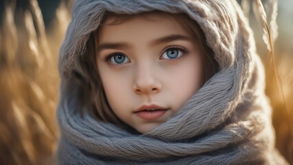 Close-up portrait of a little girl with silly eyes and blonde hair gray scarf on the background of nature