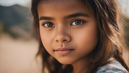 Close-up portrait of a little girl with brown eyes and brown hair - obrazy, fototapety, plakaty