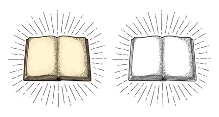 Open book with ray isolated on white background. Vector color vintage engraving illustration. Hand draw in a graphic style.