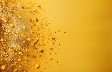 gold and colourful confetti particles on a yellow background,