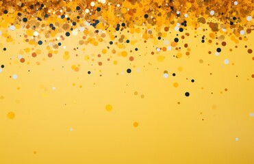 gold and colourful confetti particles on a yellow background,