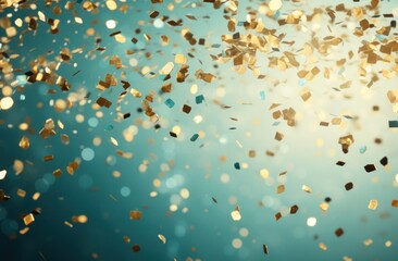 gold confetti falling over a turquoise background,
