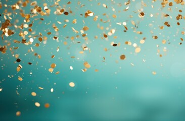 golden confetti flying on a turquoise background,