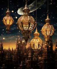 Obraz premium golden moon with lanterns and moon,