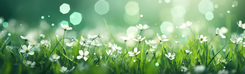 Photo sur Plexiglas Herbe green grass background surrounded by flowers,