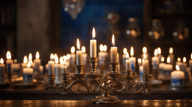 Menorah candle lighting ceremony during Hanukkah celebration. Warm atmosphere and candle lights.
