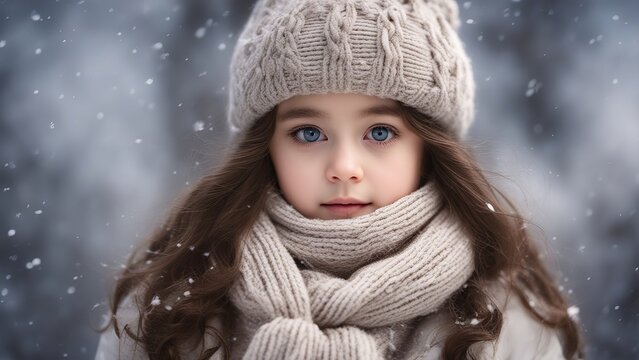 Winter portrait of a girl in a hat and scarf
