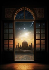 islamic moon scene with moon through the arch,