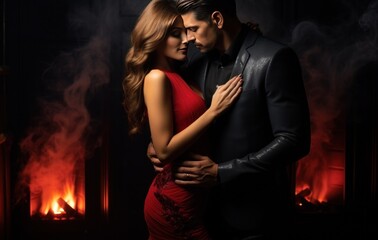 man and woman hugging in red dress in dark smoking background in the middle of a black hallway, - obrazy, fototapety, plakaty