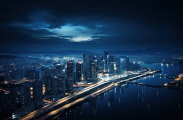 Fototapeta na wymiar night aerial, futuristic lights, cityscape,