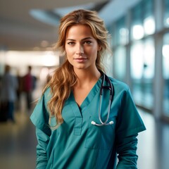 Fototapeta premium Portrait of a female doctor with a stethoscope stands in a modern hospital. Medicine and healthcare concept