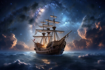 pirate ship sails through the clouds in night sky  - obrazy, fototapety, plakaty
