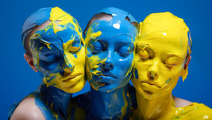 Obraz premium An abstract close-up portrait of young attractive women on whose faces paint flows and overflows in many shades of colors, an explosion of liquid in blue-yellow tones.