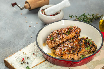 Duck breast with oranges and thyme on a light background top view. copy space