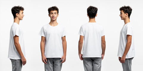 Obraz premium Collage attractive curly haired teenager boy wearing blank white t shirt, stylish jeans isolated on white background, mockup 