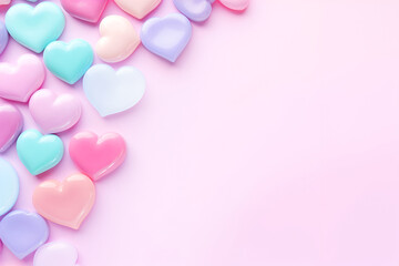 Valentine's Day background, with 3D hearts, with copy space, in candy pastel color. On a pink background, bright and rich for design.