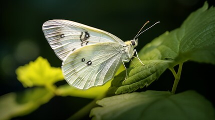 An extreme close-up of a butterfly with a pale color on a leaf.