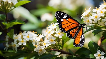 Fototapeta premium A white flower has a common tiger butterfly perched on it.