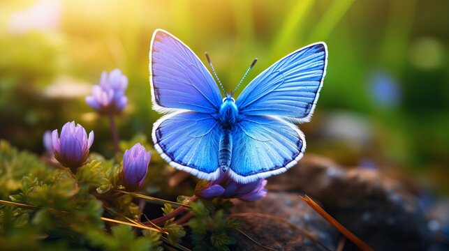 A stunning macro photograph of a stunning blue adonis butterfly perched on grass foliage with a natural surface.