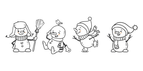set of cartoon christmas snowman in doodle style. Funny snowman wearing hat, scarf and  with a broom on white background. Snowman is skating. Xmas. Vector illustration