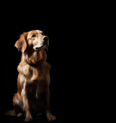 Portrait of golden retriever dog looking up on black background with copy space