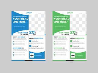 Medical social media post template. Modern banner design with blue color ribbon decoration and place for the photo. Suitable for social media, websites, flyers, and banners.