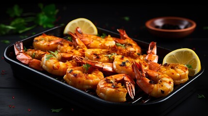 A pan on the table was used to roast shrimp.
