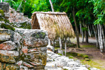 Coba Maya Ruins ancient buildings pyramids in tropical jungle Mexico.