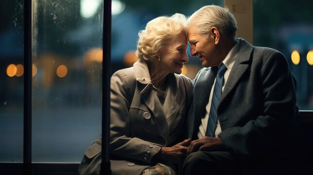 essence of enduring love in the golden years with a heartwarming image of an elderly couple sitting in a bus stop.