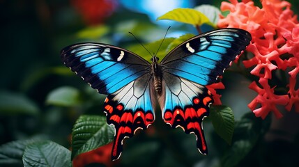 A butterfly that is multicolored and closes up in a vibrant way