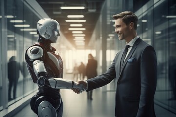 Businessman shaking hands with android robot in modern office building