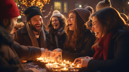 Obraz na płótnie Canvas Jewish community celebrating Hanukkah outdoors with music, dancing and festive activities.