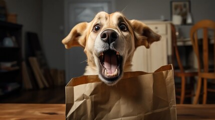 heartwarming moment of a dog licking its lips in anticipation before an open paper bag.