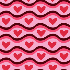 retro red hearts on groovy 70s waves seamless pattern in pink and burgundy. For Valentines day wrapping paper, backgrounds, fabric and wallpaper. 