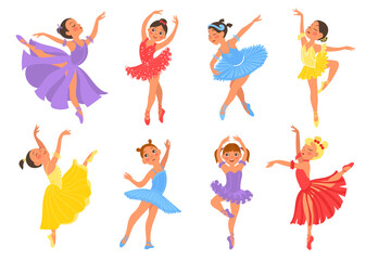 Cute ballerinas. Funny little girls in tutus and pointe shoes. Dance school. Ballet class students. Graceful poses. Choreographic positions. Dancers performance. Splendid vector set © VectorBum