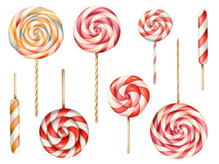 Watercolor set of sweets, lollipop and candy collection, red and white children's sweets, sweet and delicious treats for holidays, halloween and birthday.