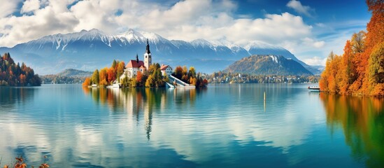 Beautiful a lake with mountains and trees Background. - obrazy, fototapety, plakaty