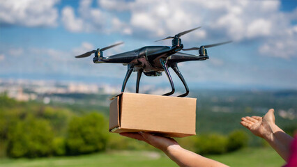 A drone delivers a cardboard package to a woman in an open area.