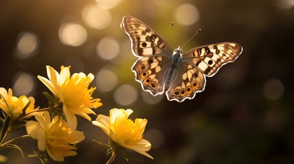 A butterfly that is flying and has speckles on its wood is seen in a selective focus shot.