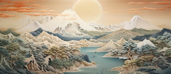 landscape of japanese mountain and lake paper art.