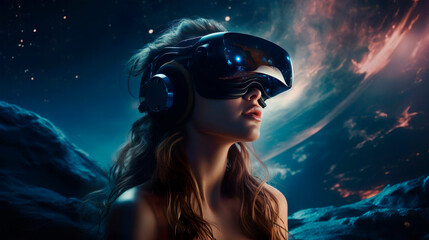 Astonished young woman using virtual reality meta verse VR glasses headset. Technology simulation. Hi-tech virtual adventure travel through time and space. A female admires the view of the universe of - obrazy, fototapety, plakaty
