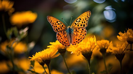 A shot of a butterfly that is orange with a yellow flower in sharp focus.