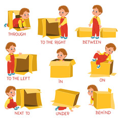 Learning prepositions with little boy. Visual educational guide. English language studying. Child with cardboard box. Grammar teaching. Kids positions demonstration. Splendid vector set