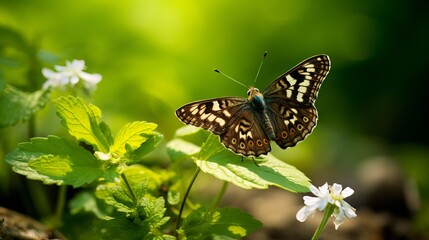 A shot of a butterfly with speckles on a small flower that is selectively focused.