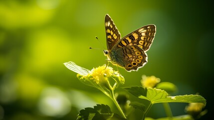 A shot of a butterfly with speckles on a small flower that is selectively focused.