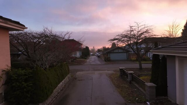 Suburban Neighborhood Alley and Homes at Sunset. Fall Season. Burnaby, Vancouver British Columbia, Canada.