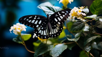 A shot that is selectively focused on a butterfly that is black and white.