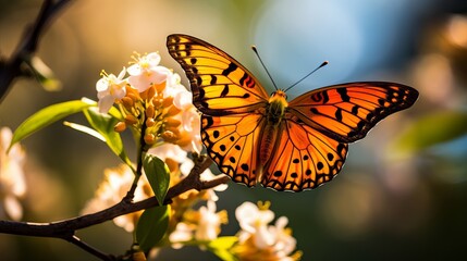 Fototapeta premium A shot that is selectively focused captures a beautiful butterfly sitting on a branch with small pink flowers